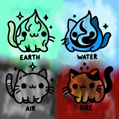 4 cats that represent the different elements, earth, water, air, and fire