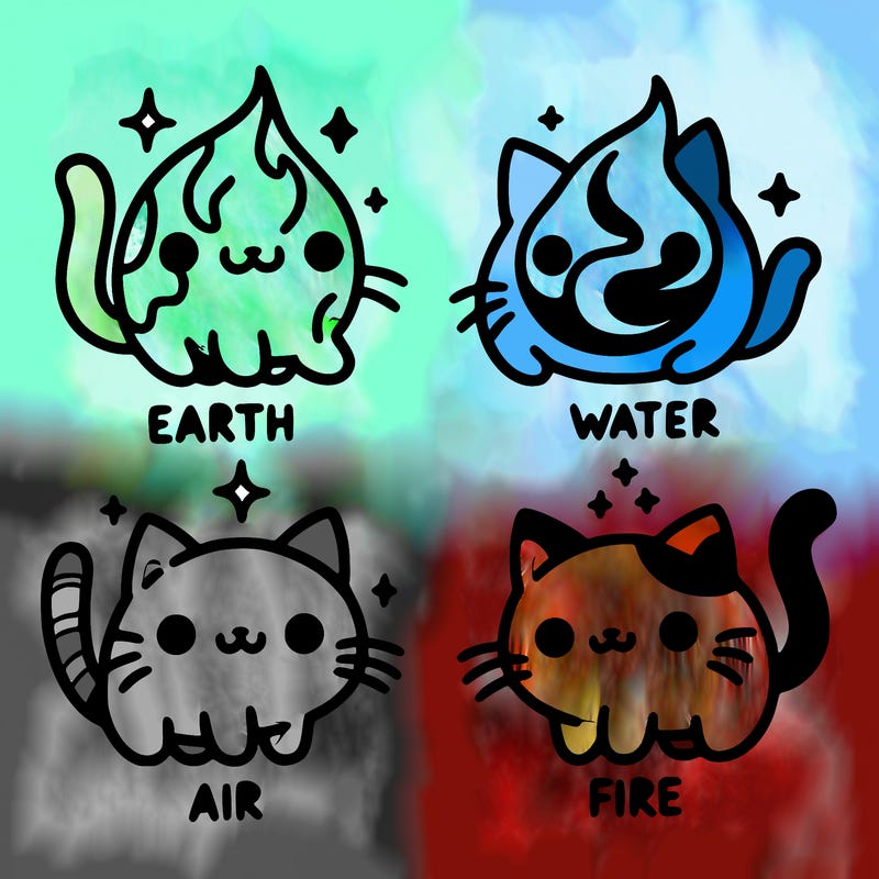 4 cats that represent the different elements, earth, water, air, and fire