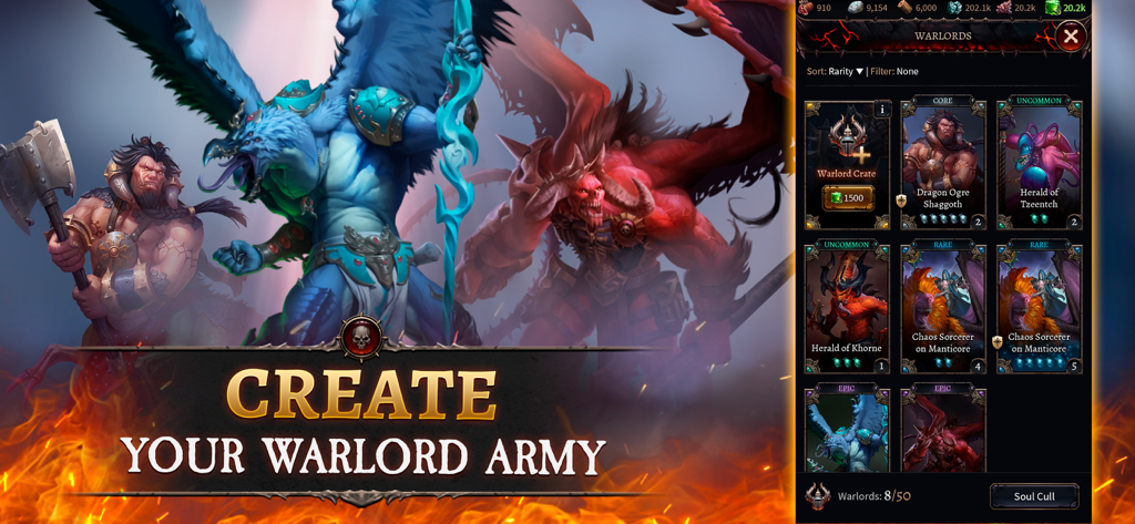 Warhammer: Chaos & Conquest - A game screenshot showing the Warlords collection menu and the text Create Your Warlord Army in Warhammer Chaos and Conquest.