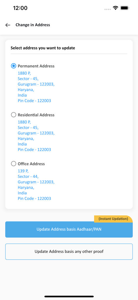 Canara HSBC Life - Canara HSBC Life app interface for updating permanent residential or office address details