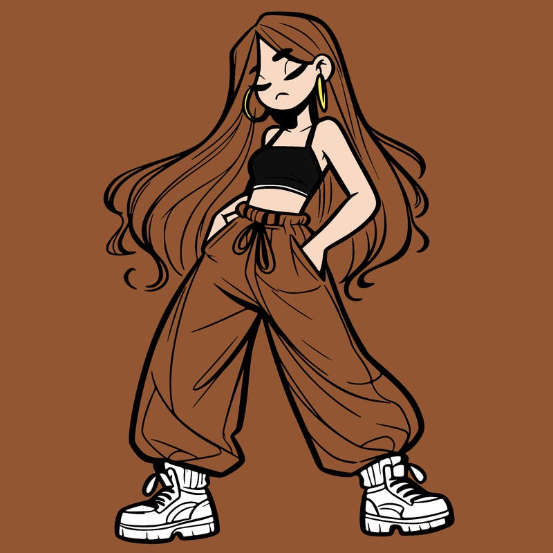 girl in baggy pants crop top and long hair