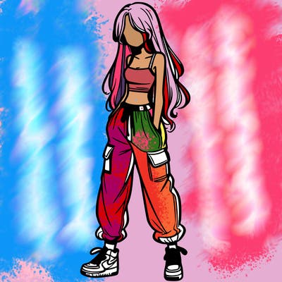 girl in baggy pants crop top and long hair