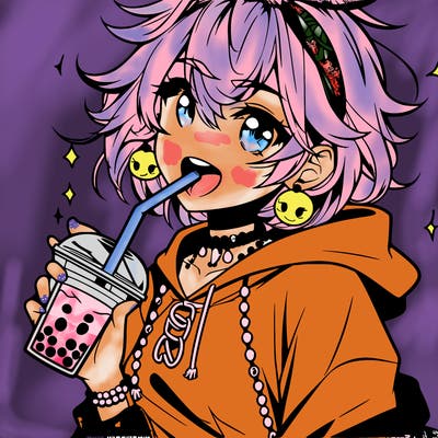 hot baddie anime girl drinking boba and biting the straw