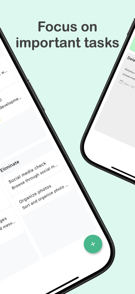 タスクの優先順位付けに焦点を当てたアイゼンハワーマトリックスタスクプランナーアプリを表示する2台のiPhone