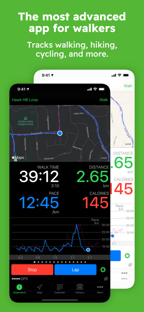 Walkmeter Walking & Hiking GPS - Walkmeter app interface showing a GPS map and detailed fitness tracking statistics