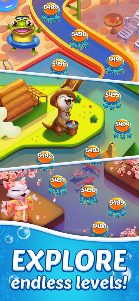 Water Splash – Cool Match 3 - Colorful level map in Water Splash showing game progression and cute animal characters