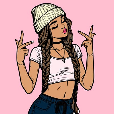 realistic teenage girl with braids and a beanie and crop top doing 🫶🏼