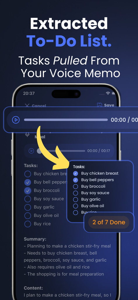 Voice Memo: Braindump - The Braindump app interface showing an AI generated to-do list extracted from a voice memo recording