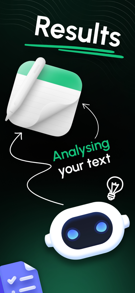 AI Detector - Text Analyzer - Graphique montrant le processus d'analyse de texte IA avec un bloc-notes et une icône de robot