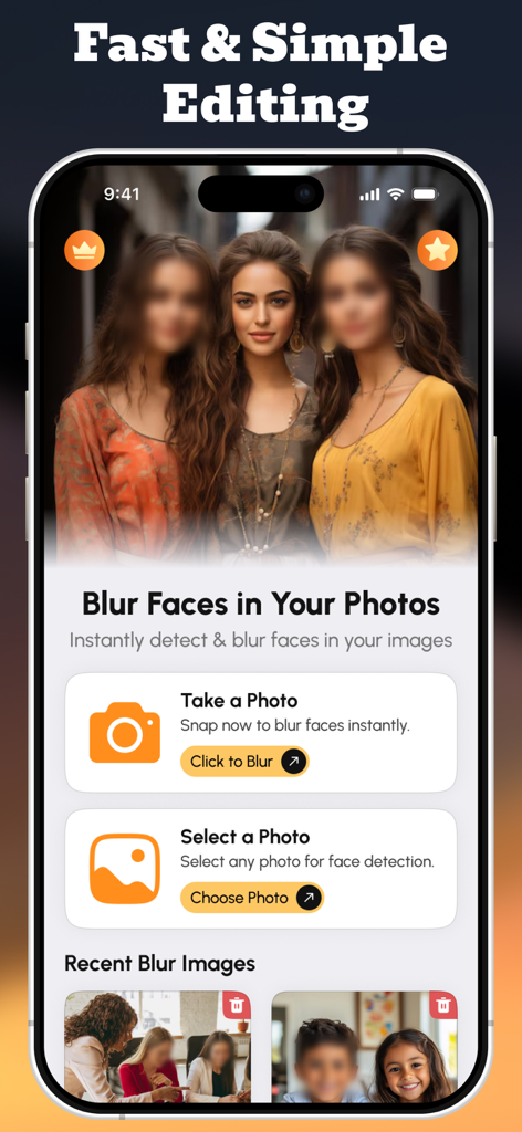 Interfaz de la aplicación Blur Face mostrando opciones para detectar y desenfocar automáticamente rostros en fotos.