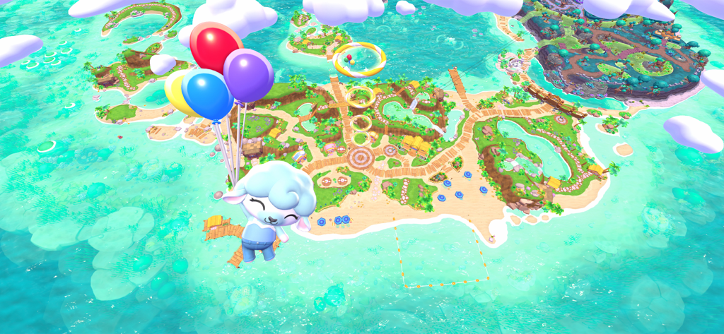 Hello Kitty Island Intro - Un lindo personaje blanco volando sobre una vibrante isla tropical usando globos de colores en Aventura Costera con Hello Kitty