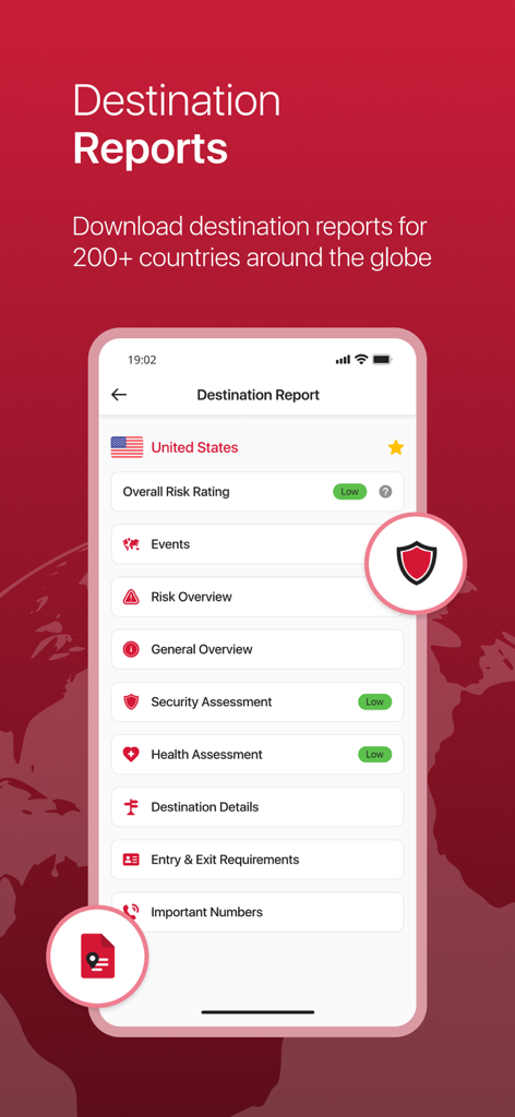 My Global Rescue app destination report showing travel risk and security assessments.