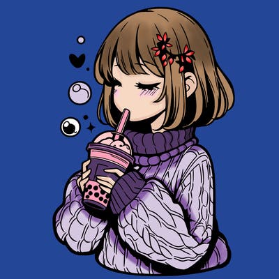manga girl drinking boba in cozy sweater