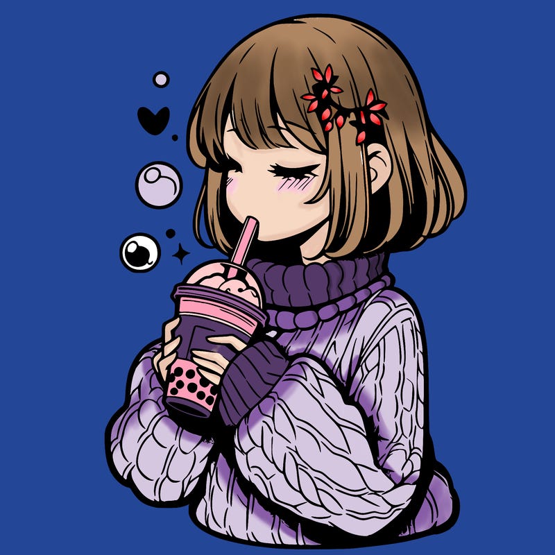 manga girl drinking boba in cozy sweater