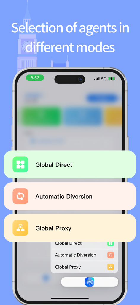 Interface of VPN Fly app displaying selection of connection modes including Global Direct, Automatic Diversion, and Global Proxy