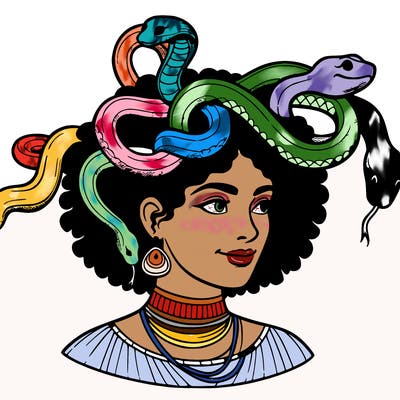 realistic woman snakes on head