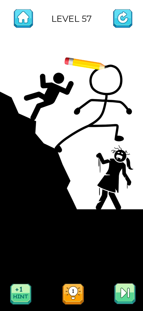 Gameplay du niveau 57 de Save The Stickman Draw 2 Save montrant des personnages bonhomme et des mécaniques d'énigmes de dessin