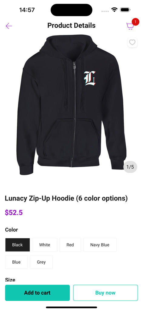 Lunacy Deals & Designs - Página de producto en la aplicación Lunacy para una sudadera con capucha negra con cremallera, con un logo estilizado 'L' y opciones de compra.