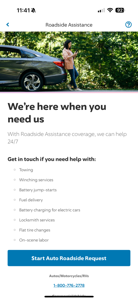 Progressive app roadside assistance screen showing a list of services like towing and flat tire changes with a start request button