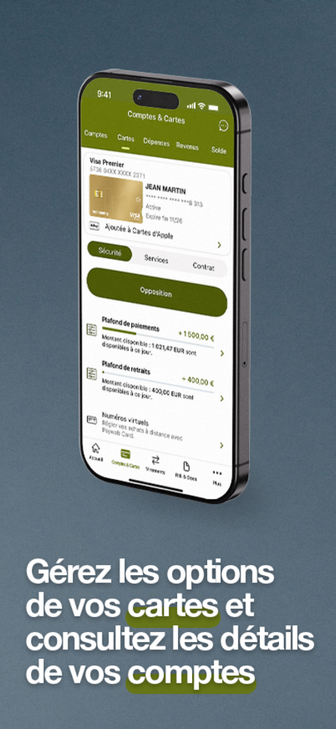 Monabanq mobile app screen for card settings and account overview