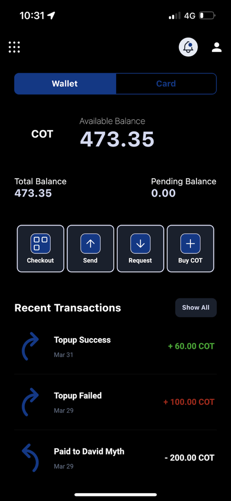 Checkout Wallet app interface showing available balance and recent transaction history