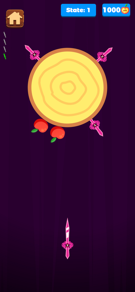 Relaxing Antistress popit Game - Una captura de pantalla de juego de un minijuego de lanzamiento de cuchillos con espadas rosas y una diana de madera sobre un fondo púrpura