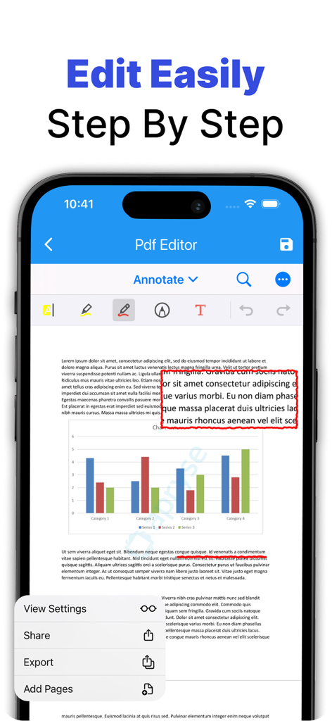 注釈ツールとドキュメントマークアップ機能を示すPDFエディタアプリのモバイルインターフェイス