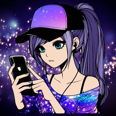 realistic girl with a long ponytail and trucker hat holding an iphone