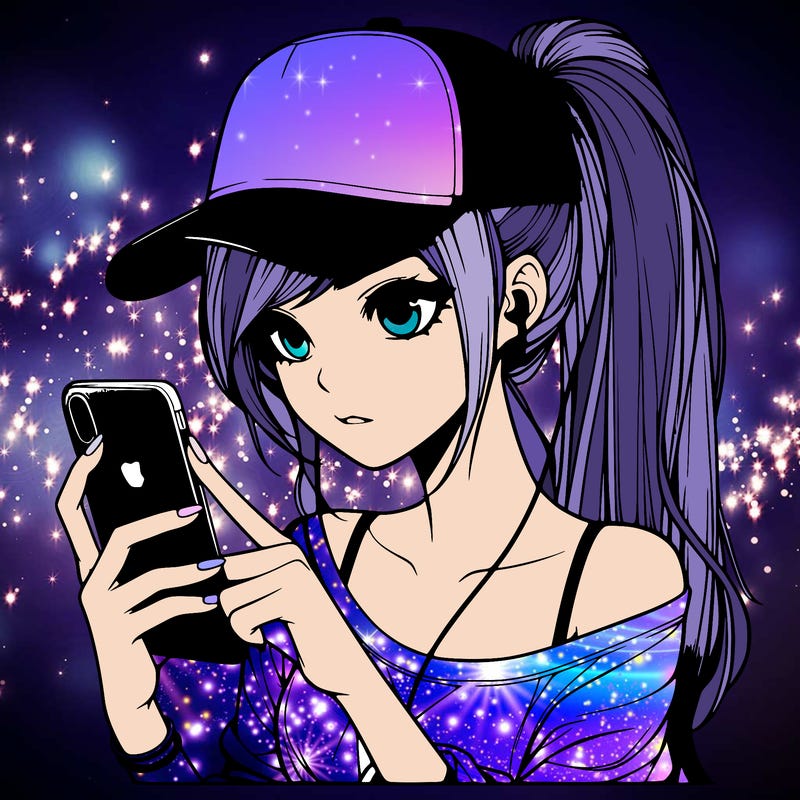 realistic girl with a long ponytail and trucker hat holding an iphone