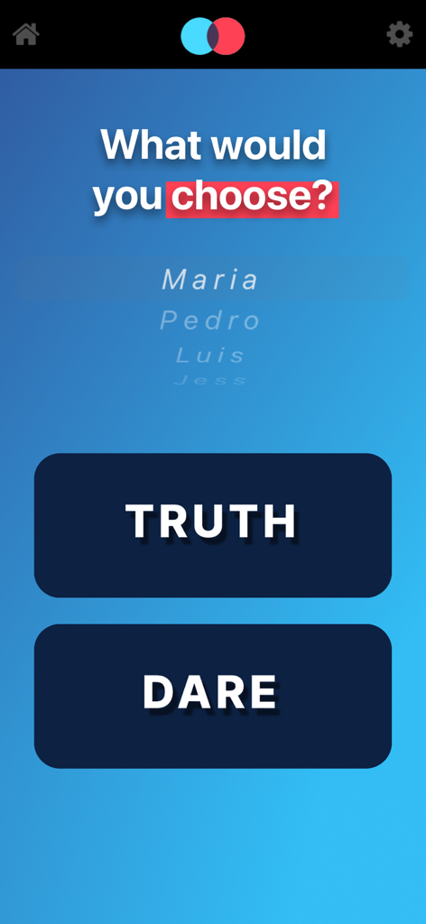 A mobile screen from the Truth or Dare app showing Truth and Dare selection buttons and player names.