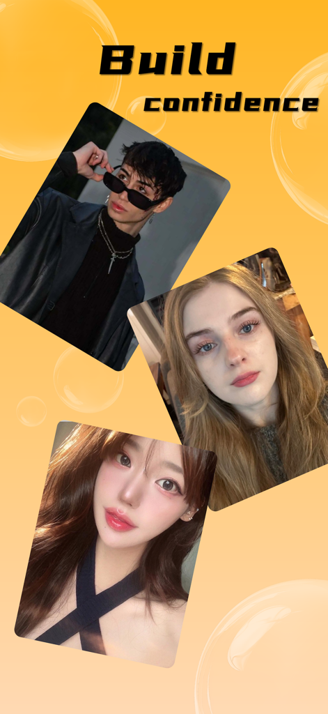 PolyChat - Chat with Natives - Three profile photos of diverse young people on a yellow background with the text Build confidence.