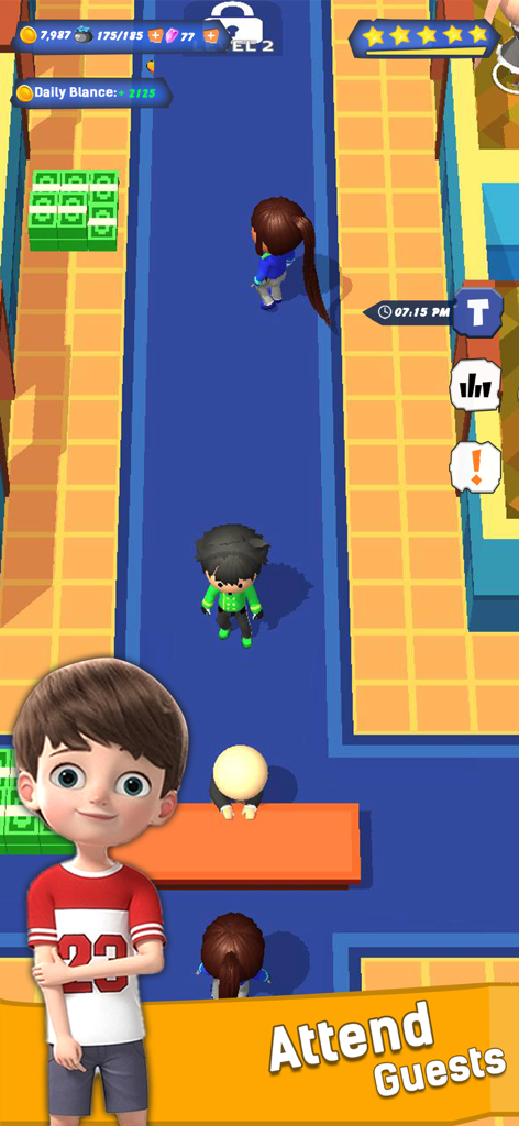 Hotel Dash Idle Tycoon Games - Capture d'écran du jeu Hotel Dash Idle Tycoon montrant un personnage de manager dans le hall d'un hôtel avec le texte Attend Guests