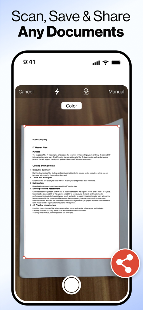 Smartphone interface showing a document scanner feature within the Passport Photo app