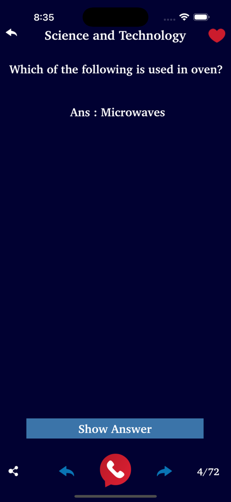 Samanya Gyan Gk World History - Mobile app screen displaying a science and technology trivia question about microwaves and ovens.