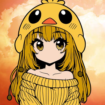 anime girl with chick shaped hat with sweater with bare shoulders with bangs covering them one eye with low tail