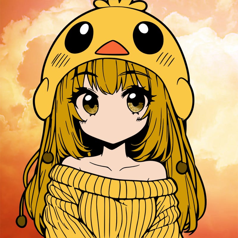anime girl with chick shaped hat with sweater with bare shoulders with bangs covering them one eye with low tail