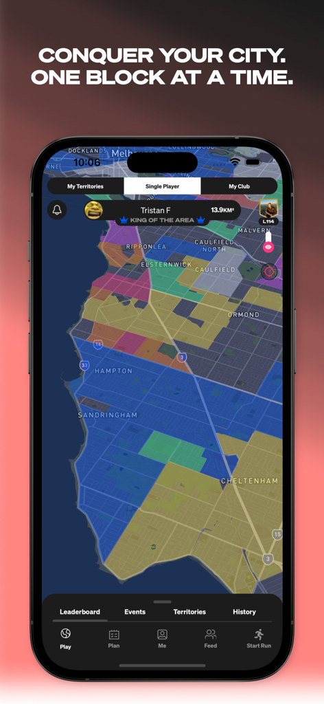 A smartphone screen showing the INTVL app with a color coded map of conquered running territories.
