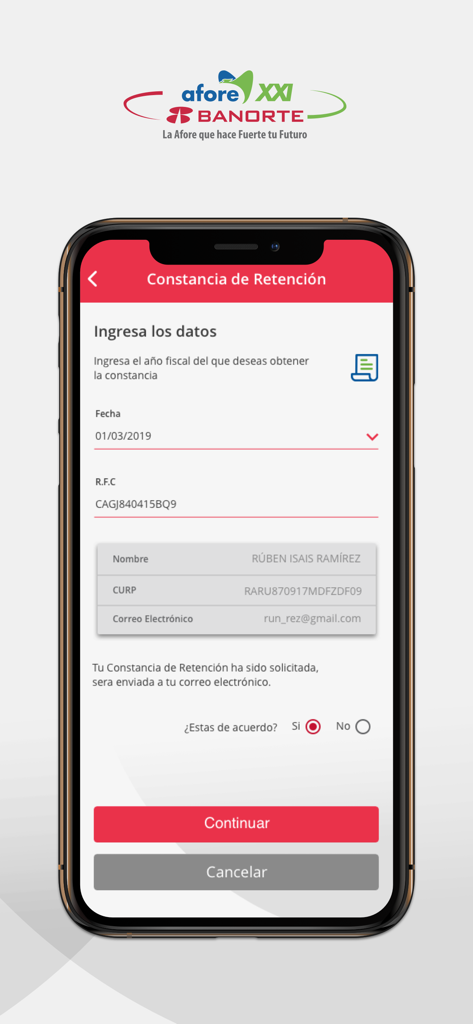 AforeMóvil XXIB - Mobile screen of AforeMovil XXIB app showing a form to request a tax retention certificate
