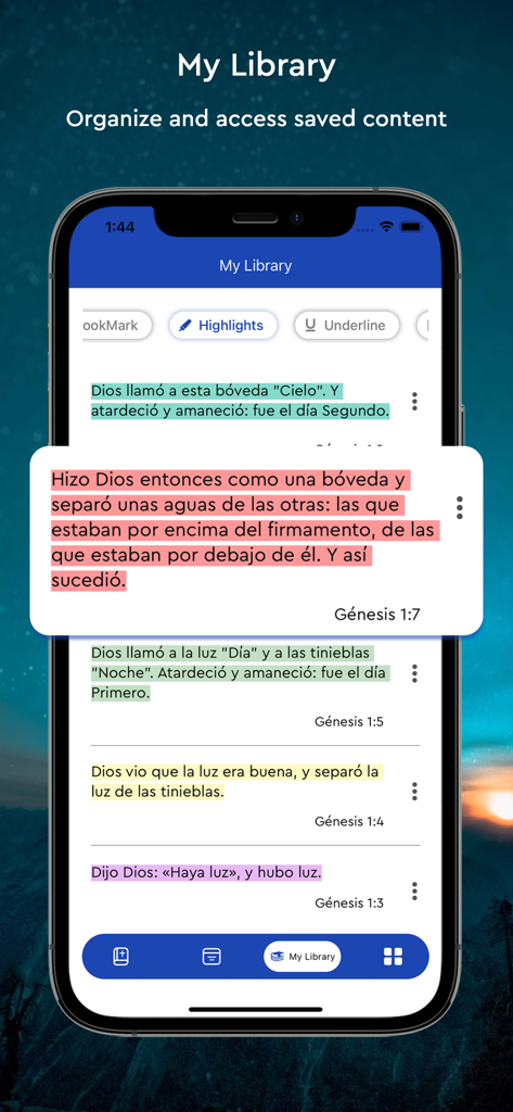 Reina Valera - The Holy Bible - Reina Valera Bible app screenshot showing highlighted Spanish scripture verses in the My Library section