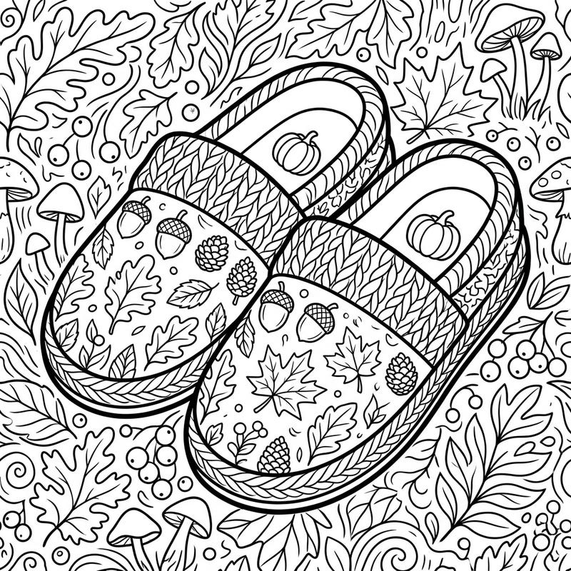 Indulge in the cozy spirit of autumn with this charming coloring page featuring a pair of intricately detailed slippers. Adorned with fall leaves, acorns, and pumpkins, it's the perfect way to relax and celebrate the harvest season.