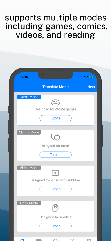 iTranscreen-Screen Translator - Pantalla de smartphone mostrando modos de traducción para juegos, cómics, vídeos y lectura