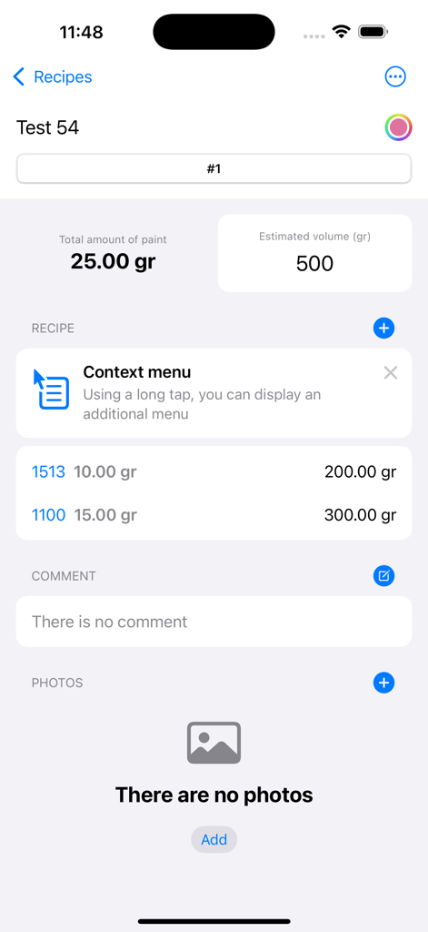 AutoPaint Pro - Interfaz de la aplicación AutoPaint Pro que muestra una receta de pintura con pesos de ingredientes y cálculos de volumen