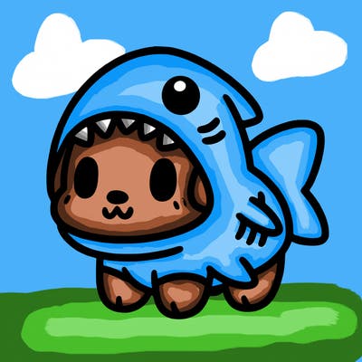 cute dog wearing a shark costume