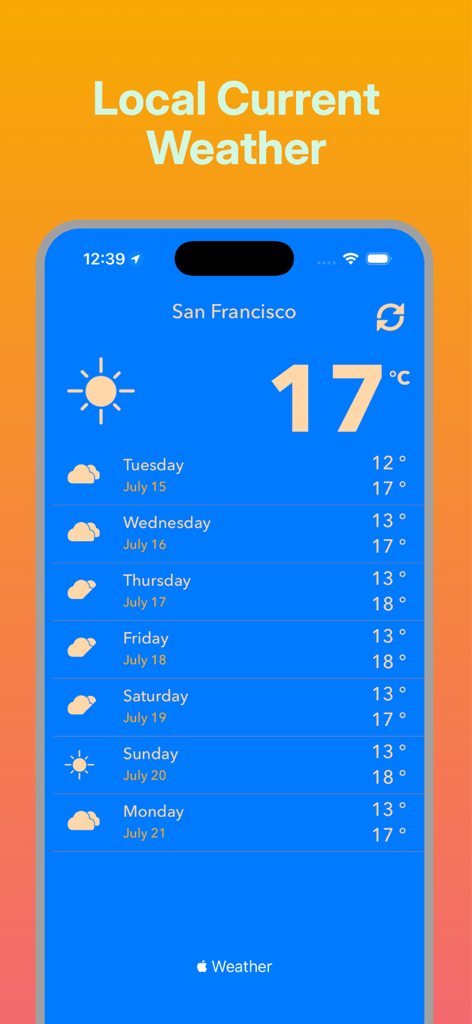 Thunderstorm-Local Weather - Thunderstorm-Local Weather app displaying a weekly forecast for San Francisco.