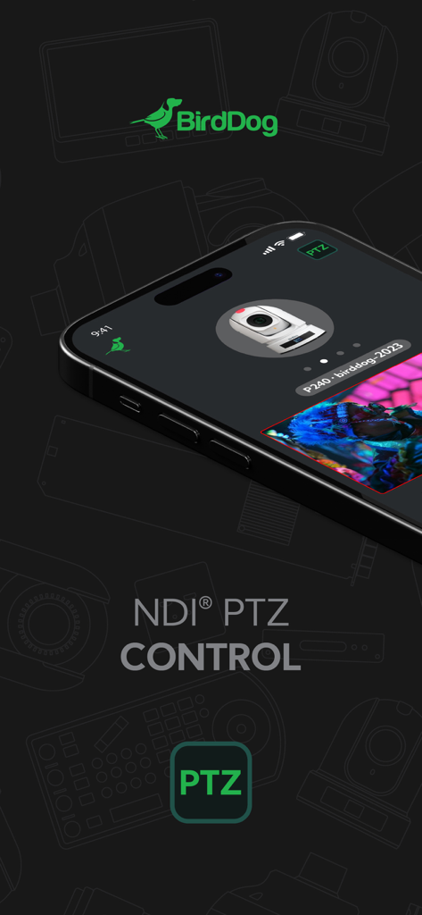 NDI PTZ Control - NDI PTZ Control app interface by BirdDog shown on a smartphone screen