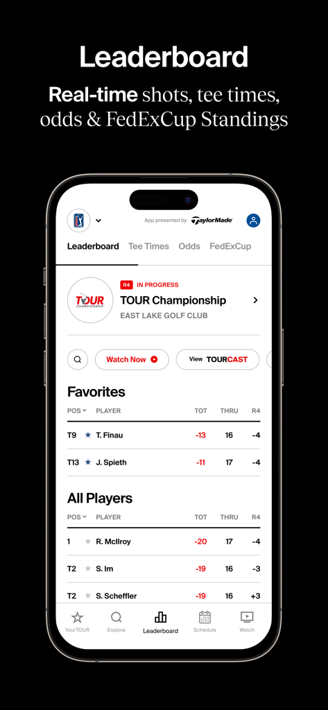 Official PGA TOUR app real-time leaderboard showing player scores and FedExCup standings on an iPhone