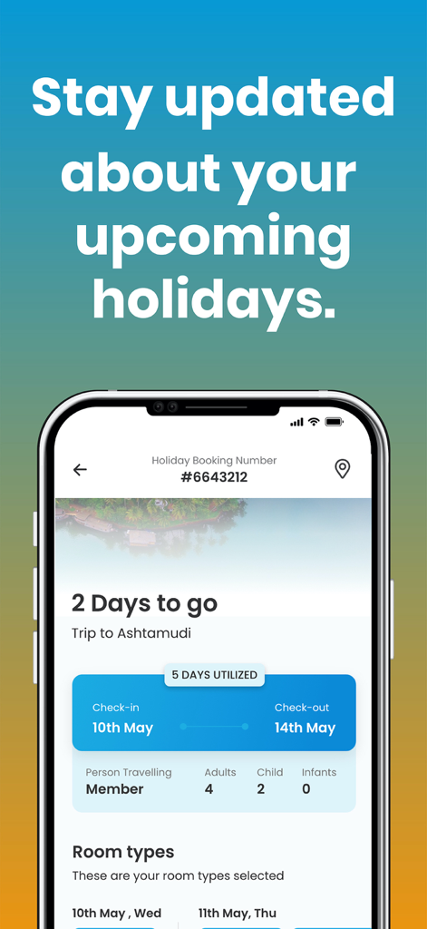 Club Mahindra app screen showing holiday booking details for a trip to Ashtamudi with check in dates and guest information