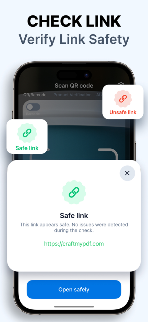 Screenshot showing the safe link check feature of the QR scanner app with a verified URL