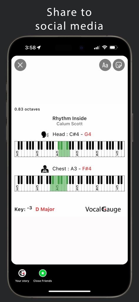 건반 시각화와 함께 소셜 미디어 공유를 위해 준비된 노래의 음역대와 음계를 보여주는 보컬 게이지 앱 스크린샷