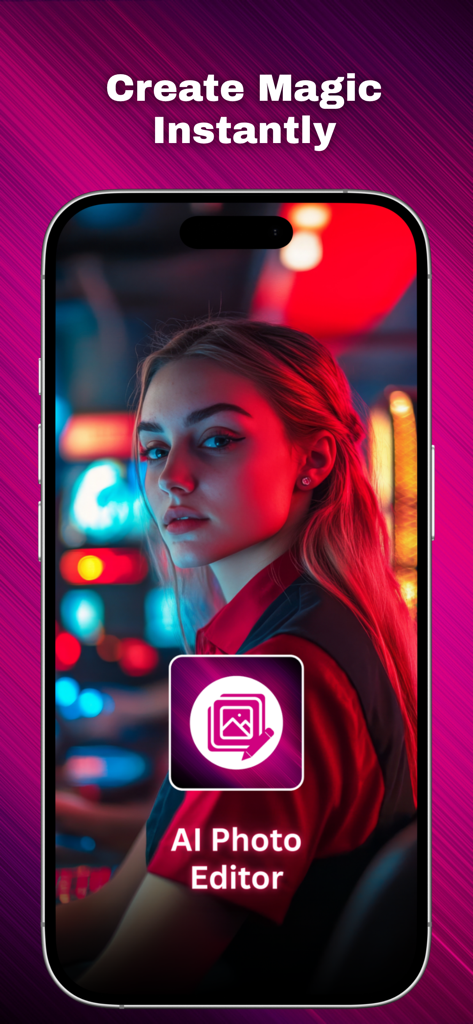 AI PHOTO EDITOR++++ - Un smartphone mostrando un retrato editado profesionalmente dentro de la interfaz de la aplicación AI Photo Editor